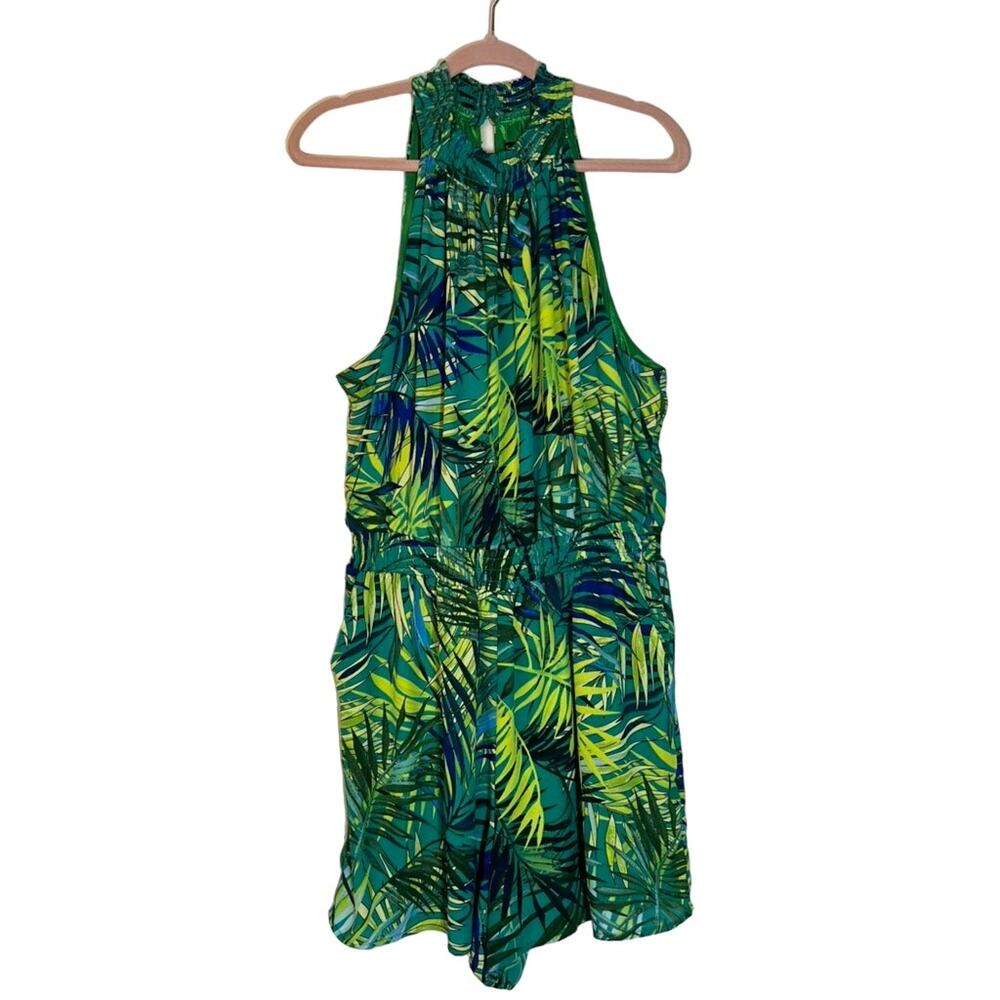 NY & Company Green & Blue Tropical Palm Design Halter Pockets Romper‎ Size XL